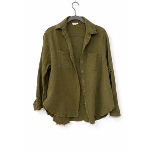 La Miel Olive Gauze Button Up Shirt Raw Hem Boho Oversized Cotton Top M